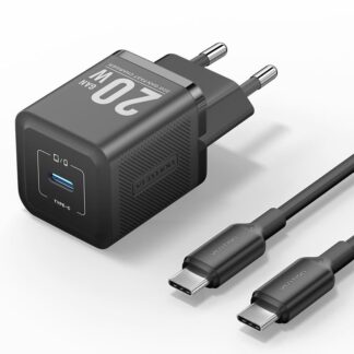 Vention 1-Port USB-C GaN Charger (20W) with USB-C to USB-C Cable (1M) UK-Plug Black - TZ-FEPB0-UK-01