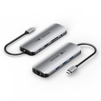 Vention Type C to Multi function 9 IN 1 Docking Station, Type C to USB 3.0 (3 PORTS) + GIGABIT EITHERNET + HDMI + SD & TF CARD READER + 3.5MM AUDIO + TYPE C PD